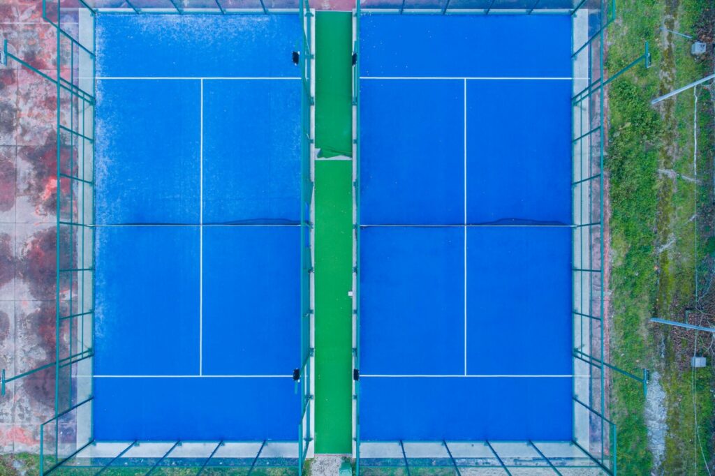 Aerial view with drone, overhead shot of a paddle tennis courts